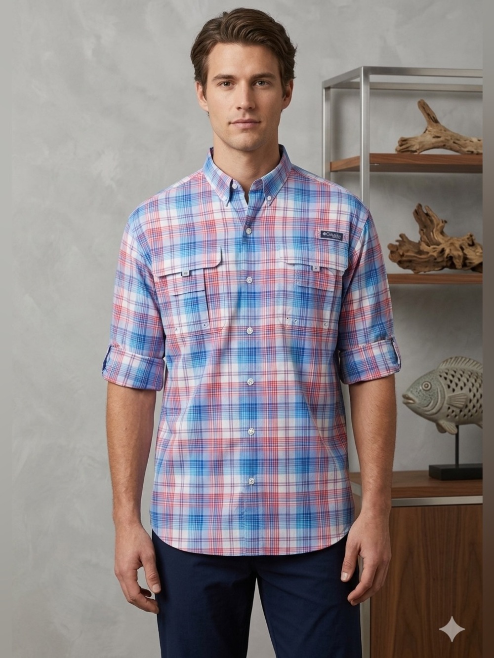 🔥 Take 50% OFF- Columbia Men's Casual Blue and Red Checkered Shirt, Size-XL